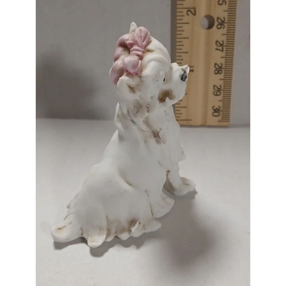Antique Porcelain‎ White Pink Bow Dog Italian Figurine, Tiche Company,